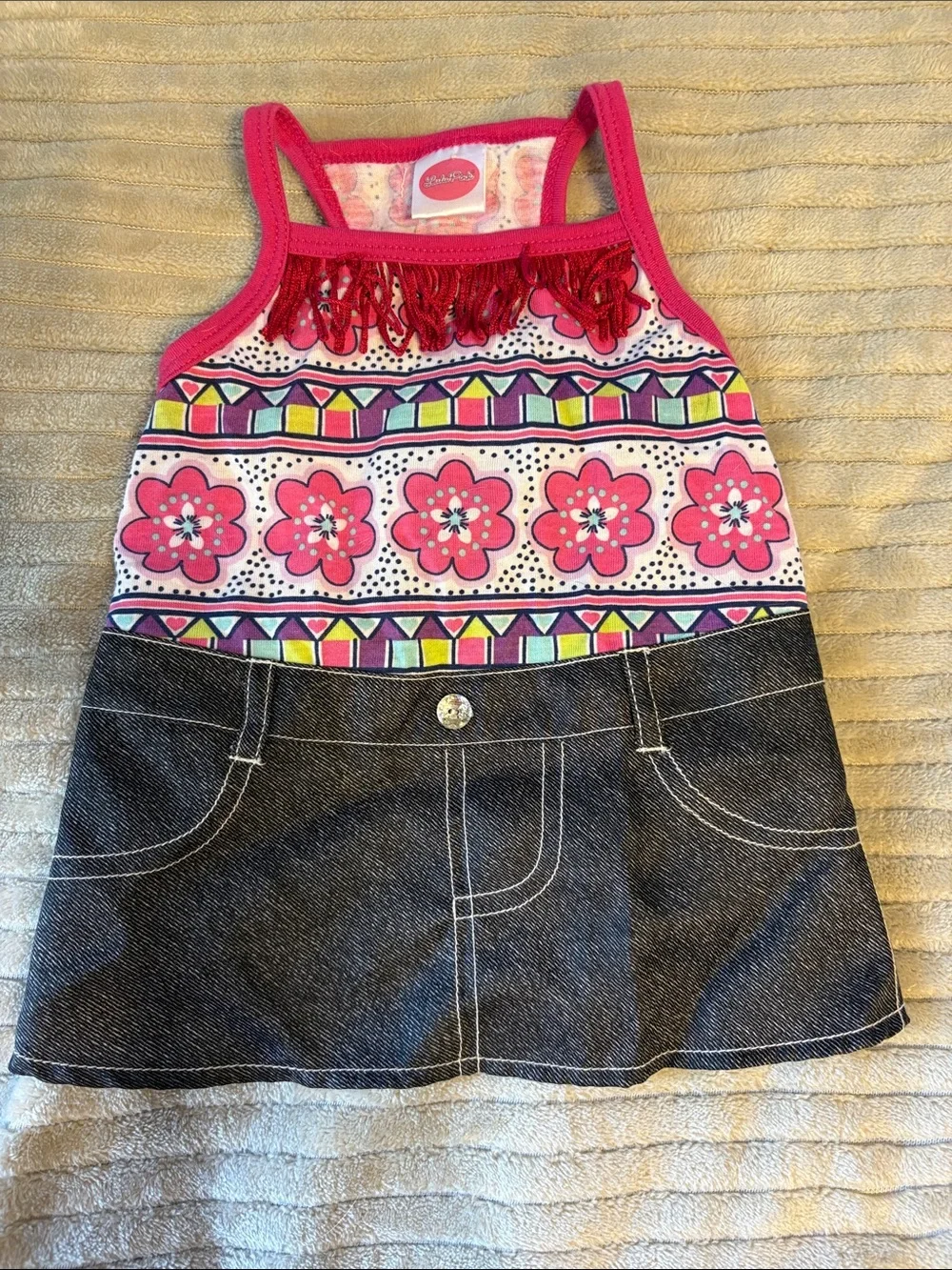 Pink Floral Fringe Denim-Style Dog Dress
